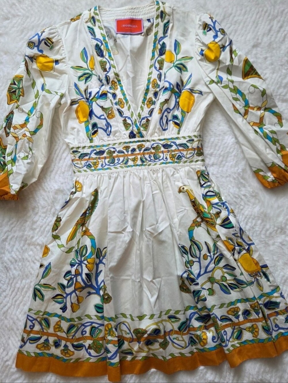 LA DoubleJ White Dress with Yellow and Blue Botanical Print